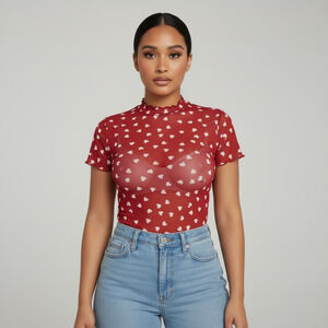 Allover Heart Mock Neck Mesh Red Top